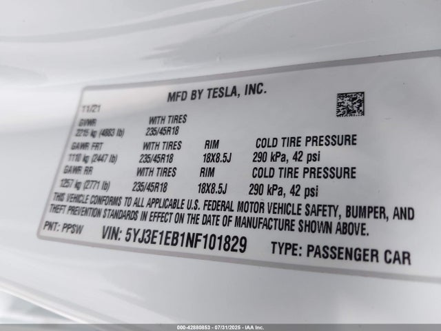 2022 TESLA MODEL 3 5YJ3E1EB1NF101829 Photo 8