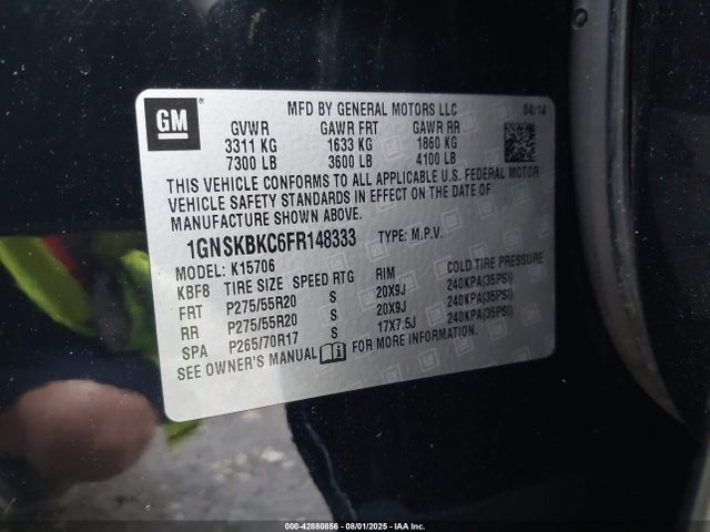 1GNSKBKC6FR148333 Chevrolet l83 - vvt, active fuel management, aluminum