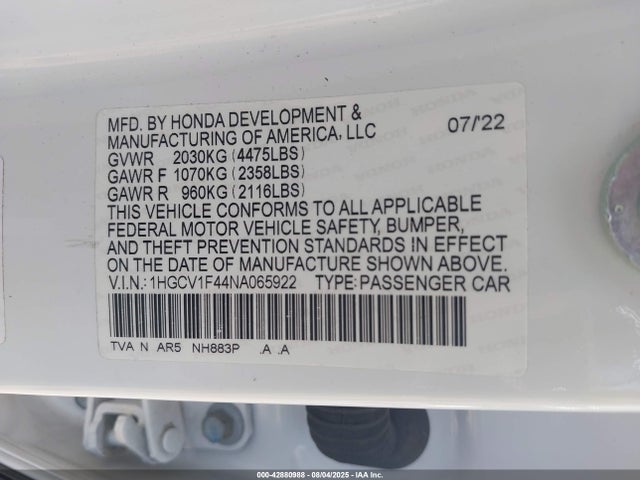 1HGCV1F44NA065922 Honda l15be