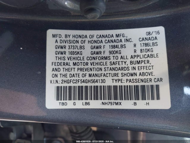 Honda k20c2 2016 2HGFC2F54GH564130 Image 9