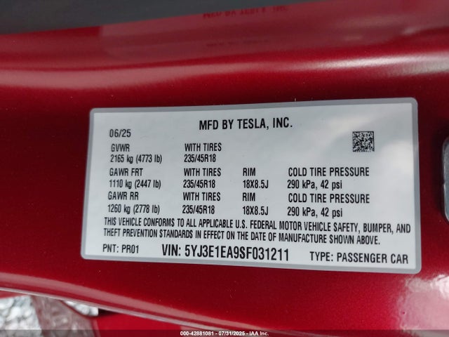 2025 TESLA MODEL 3 5YJ3E1EA9SF031211 Photo 8