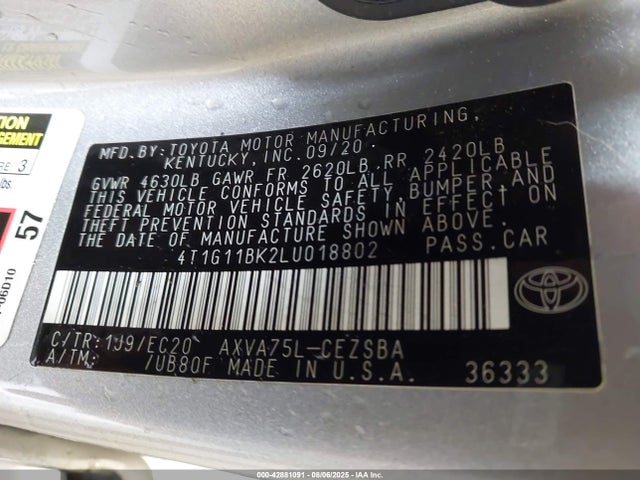 42881091 :رقم المزاد ، 4T1G11BK2LU018802 vin ، 2020 Toyota Camry Se Nightshade Edition Awd مزاد بيع