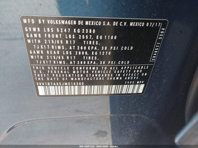 42881225 :رقم المزاد ، 3VV1B7AX5JM016360 vin ، 2018 Volkswagen Tiguan 2.0t S مزاد بيع