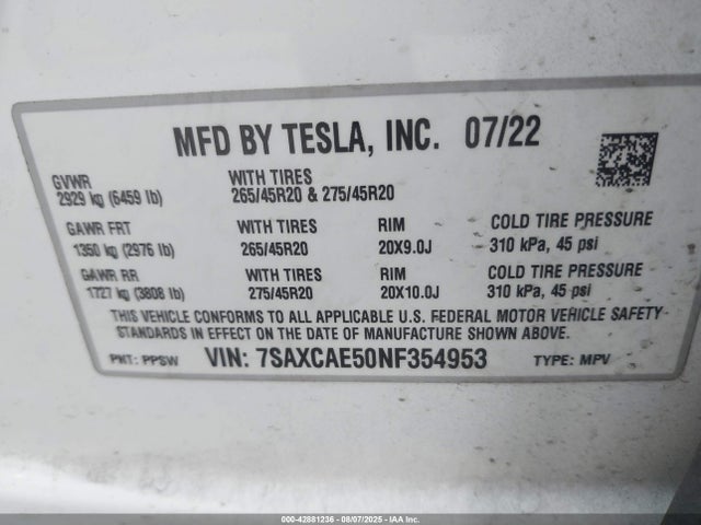 2022 TESLA MODEL X 7SAXCAE50NF354953 Photo 8