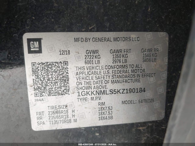 1GKKNMLS5KZ190184 GMC lgx - direct injection, variable valve timing, alum, gen 2