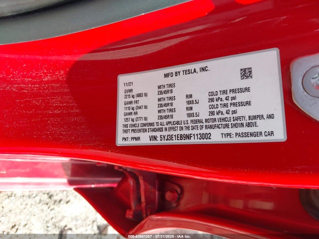2022 TESLA MODEL 3 5YJ3E1EB9NF113002 Photo 8