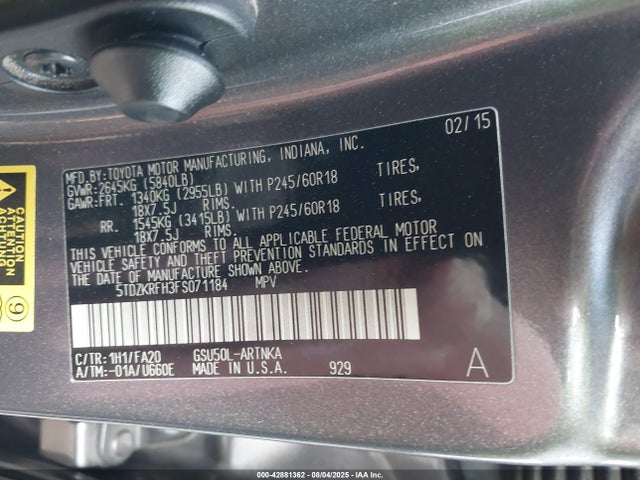 5TDZKRFH3FS071184 Toyota 2gr-fe