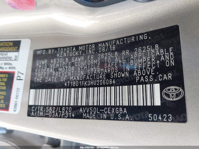 4T1BD1FK3HU206084 Toyota 2ar-fxe+2jm