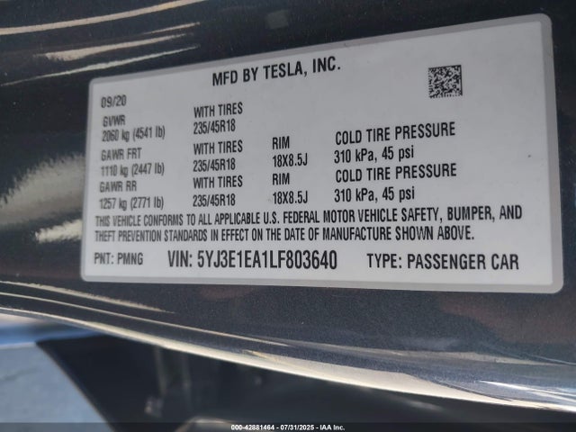2020 TESLA MODEL 3 5YJ3E1EA1LF803640 Photo 8