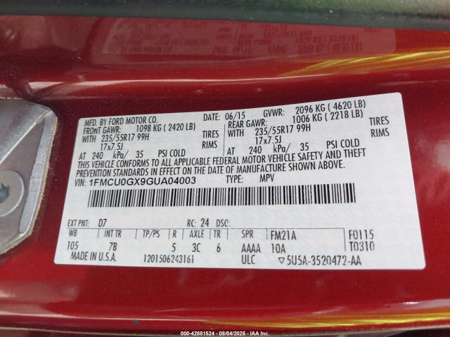 1FMCU0GX9GUA04003 Ford Escape
