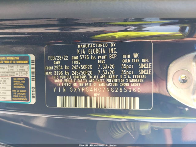 5XYP54HC7NG265960 KIA gdi lambda-ii