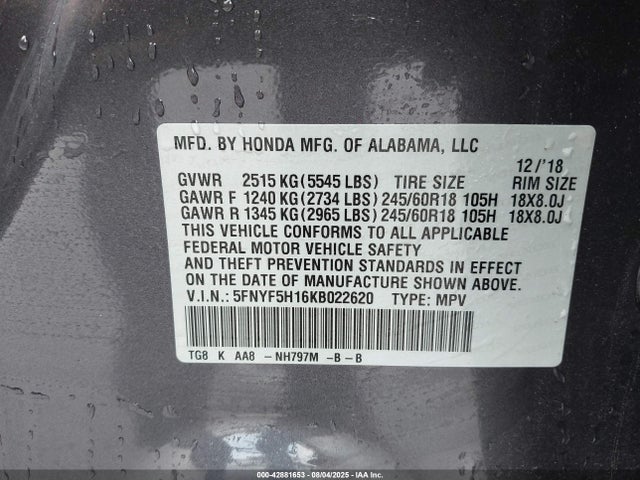 5FNYF5H16KB022620 Honda j35y6