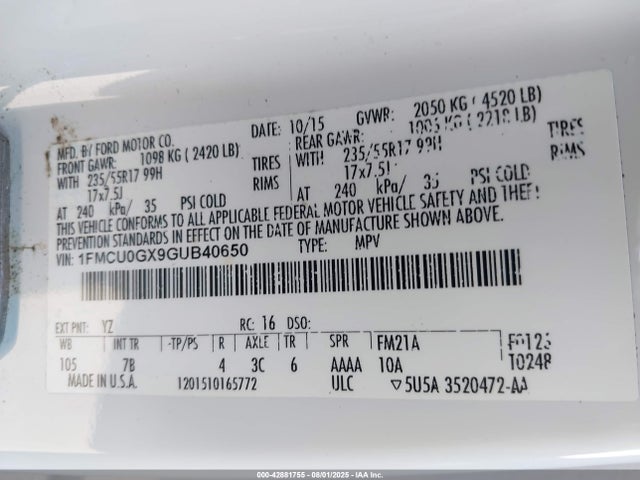 1FMCU0GX9GUB40650 Ford 2016