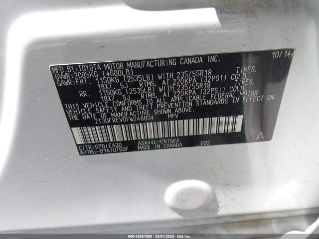 2T3DFREV0FW248004 Toyota 2ar-fe