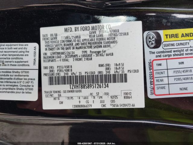 2009 FORD SHELBY GT500 1ZVHT88S895126134 Photo 8