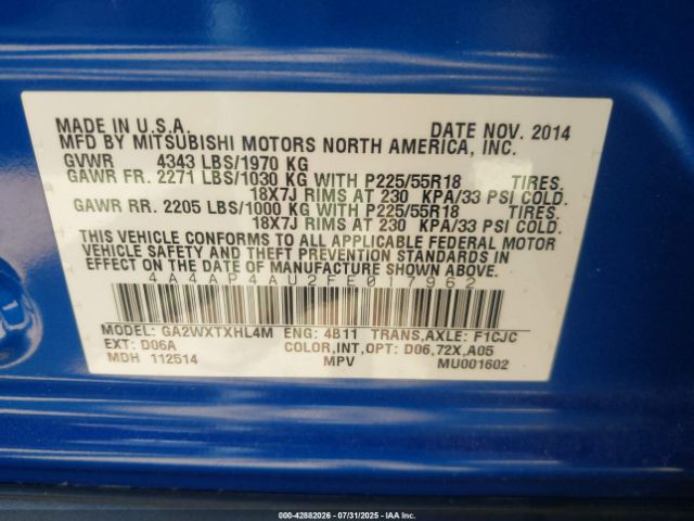 2015 MITSUBISHI OUTLANDER SPORT 4A4AP4AU2FE017962 Photo 8