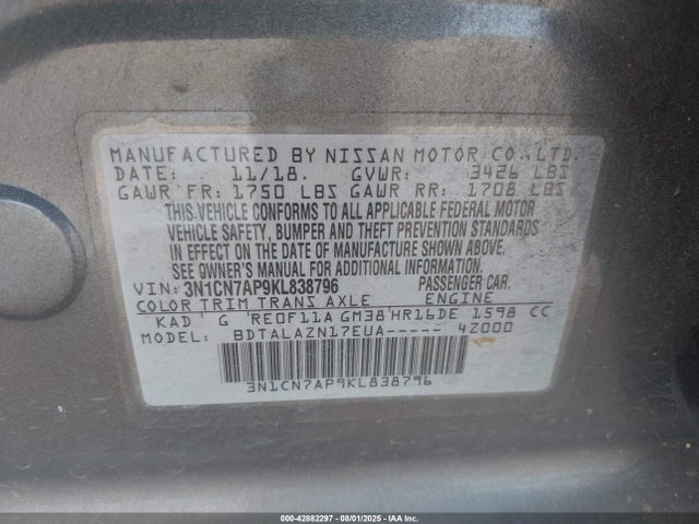 Nissan Versa 2019 3N1CN7AP9KL838796 Image 9