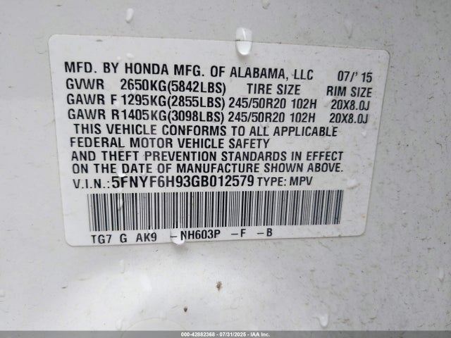 Honda j35y6 2016 5FNYF6H93GB012579 Image 9