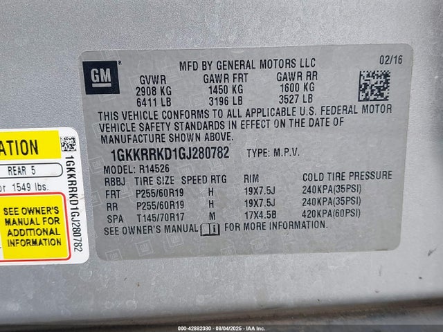 1GKKRRKD1GJ280782 GMC llt - sidi, alum, 60 degrees