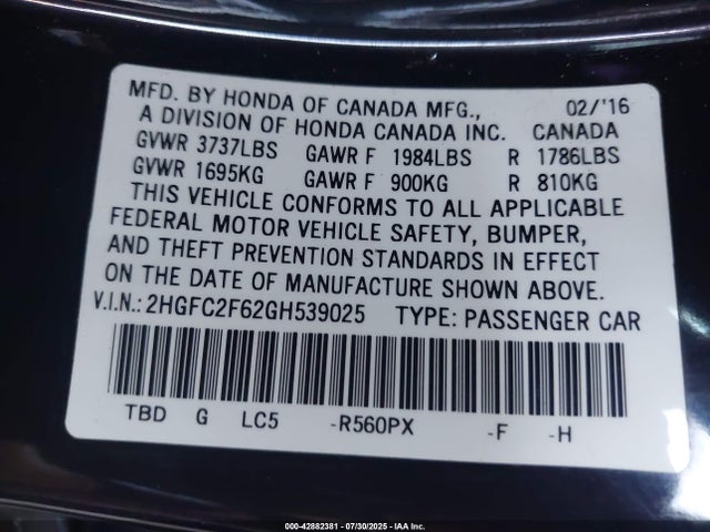 Honda k20c2 2016 2HGFC2F62GH539025 Image 9