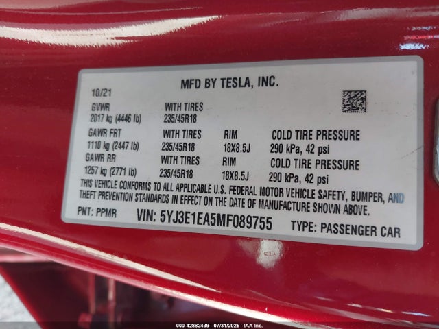2021 TESLA MODEL 3 5YJ3E1EA5MF089755 Photo 8