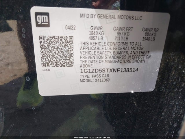 Продажа на аукционе авто 2022 Chevrolet Malibu Fwd Lt, vin: 1G1ZD5STXNF138514, номер лота: 42882614