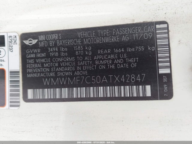2010 MINI COOPER S WMWMF7C50ATX42847 Photo 8