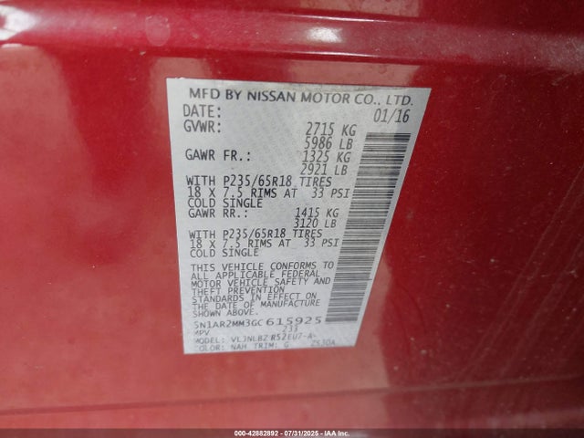 5N1AR2MM3GC615925 Nissan 2016