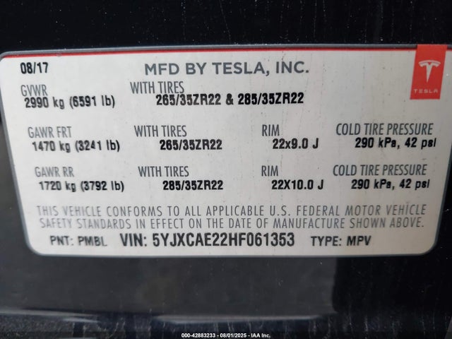 2017 TESLA MODEL X 5YJXCAE22HF061353 Photo 8