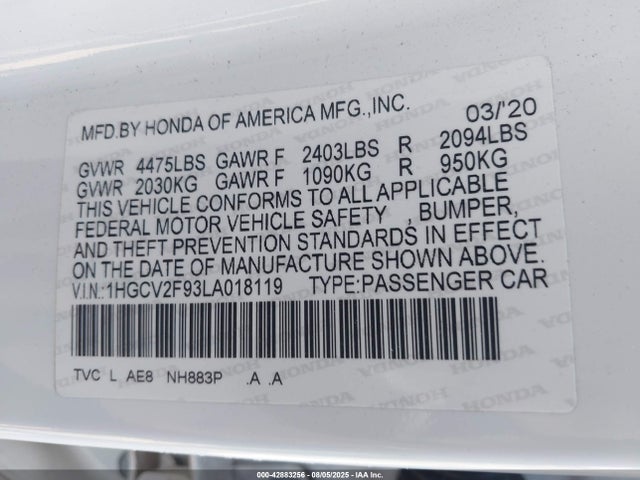 Honda k20c4 2020 1HGCV2F93LA018119 Image 9