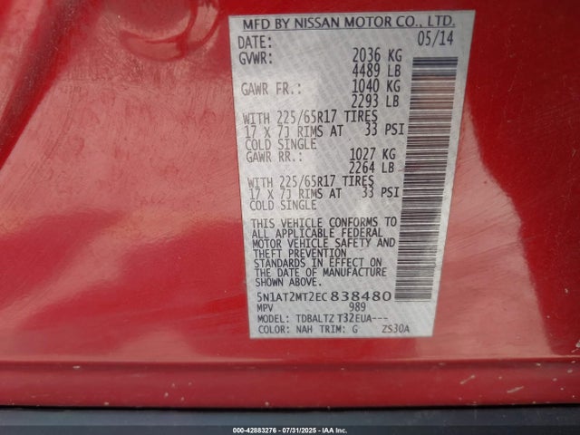 42883276 :رقم المزاد ، 5N1AT2MT2EC838480 vin ، 2014 Nissan Rogue Sv مزاد بيع