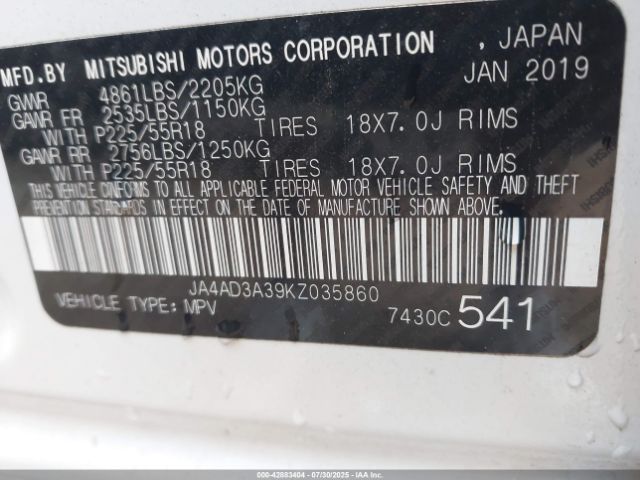 2019 MITSUBISHI OUTLANDER JA4AD3A39KZ035860 Photo 8