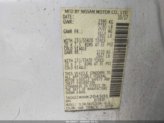 5N1AZ2MHXHN204501 Nissan Murano