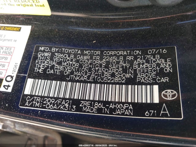 JTNKARJE1GJ522852 Scion 2zr-fae