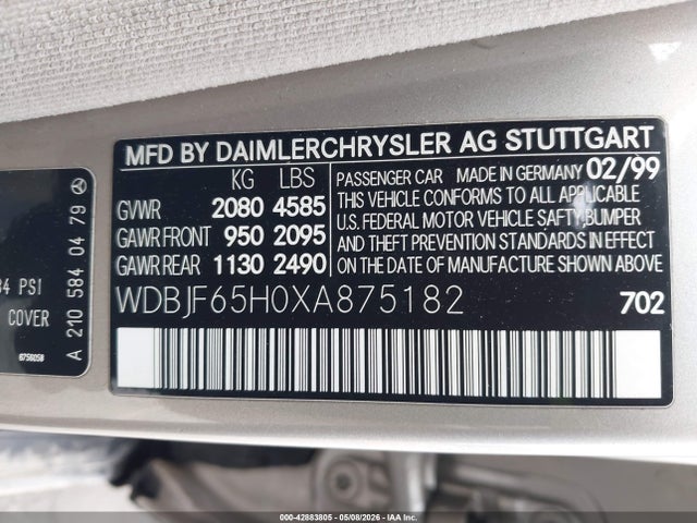 Auction sale of the 1999 Mercedes-benz E 320, vin: WDBJF65H0XA875182, lot number: 42883805