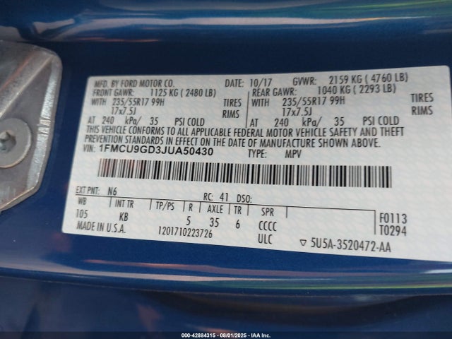 1FMCU9GD3JUA50430 Ford 1.5l gtdi sigma w/premium fuel