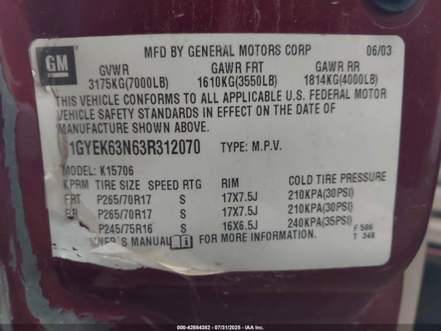 2003 CADILLAC ESCALADE 1GYEK63N63R312070 Photo 8