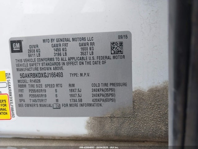 5GAKRBKDXGJ166493 Buick llt - sidi, alum, 60 degrees