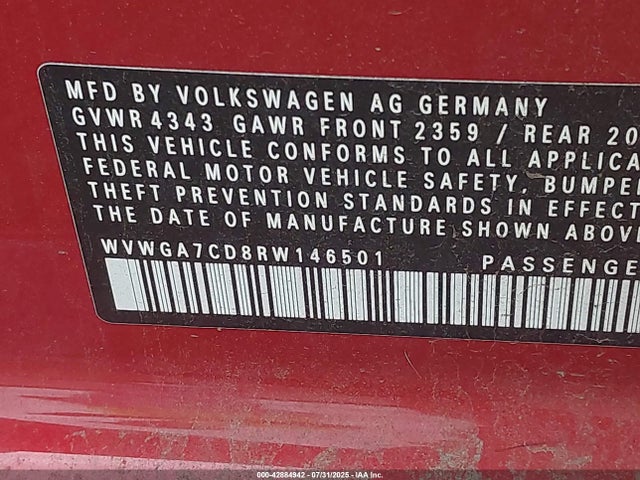 42884942 :رقم المزاد ، WVWGA7CD8RW146501 vin ، 2024 Volkswagen Golf Gti 2.0t S مزاد بيع