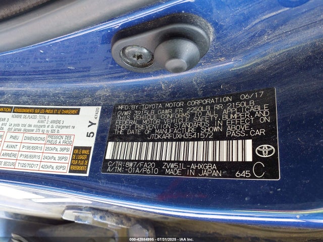 JTDKARFUXH3541572 Toyota 2zr-fxe,1nm