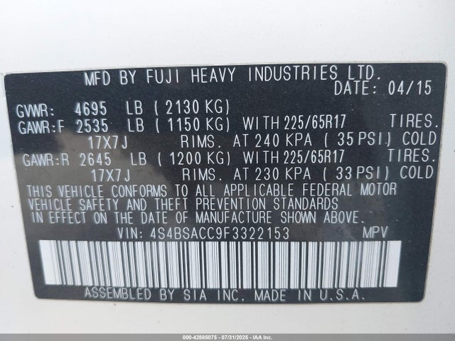 Subaru 2.5l u5 2015 4S4BSACC9F3322153 Image 9