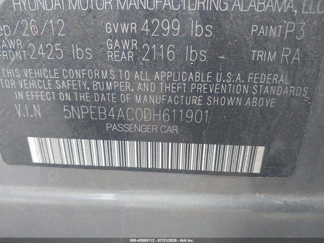 Продаж на аукціоні авто 2013 Hyundai Sonata Gls, vin: 5NPEB4AC0DH611901, номер лоту: 42885112