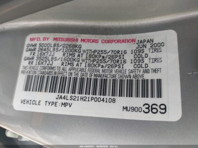 2001 MITSUBISHI MONTERO SPORT JA4LS21H21P004108 Photo 8