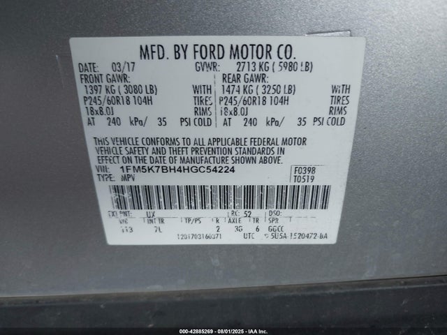 1FM5K7BH4HGC54224 Ford 2.3l gtdi