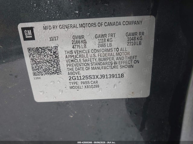 Aukcja sprzedaży 2018 Chevrolet Impala 2lz, vin: 2G1125S3XJ9139118, numer aukcji: 42885366