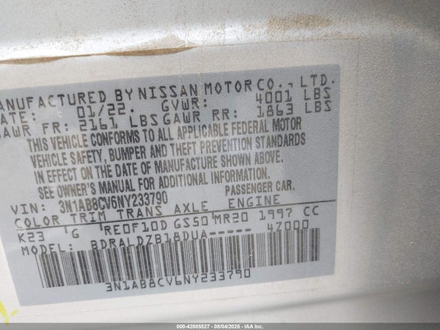 3N1AB8CV6NY233790 Nissan Sentra