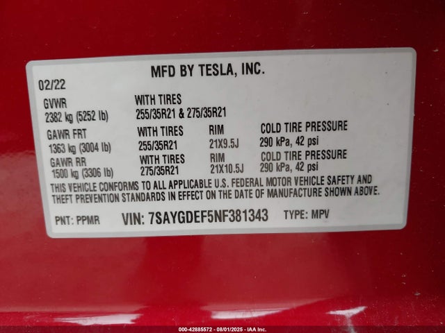2022 TESLA MODEL Y 7SAYGDEF5NF381343 Photo 8