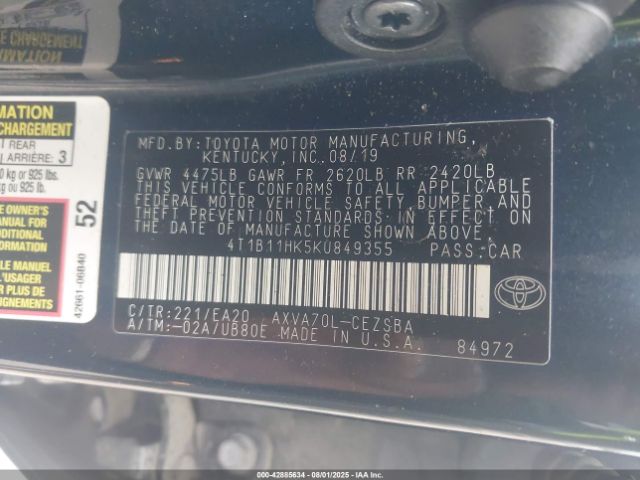 2019 TOYOTA CAMRY 4T1B11HK5KU849355 Photo 8