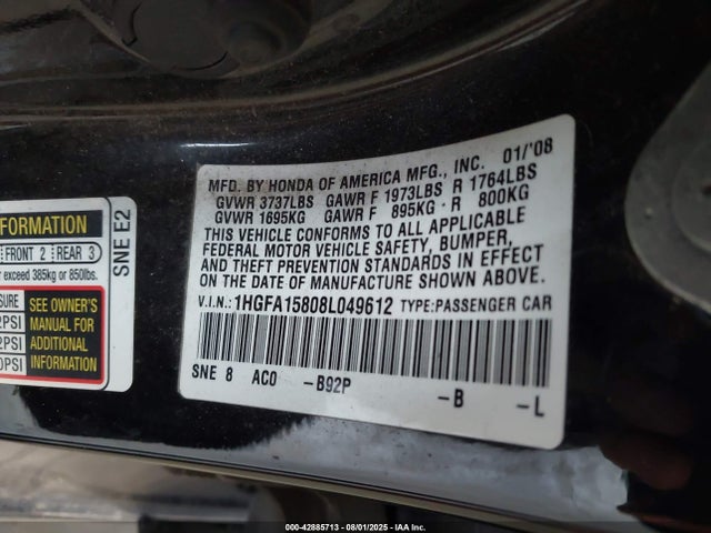 2008 Honda Civic Ex მანქანა იყიდება აუქციონზე, vin: 1HGFA15808L049612, აუქციონის ნომერი: 42885713