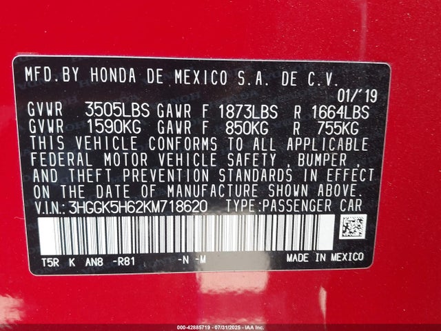 3HGGK5H62KM718620 Honda l15b1